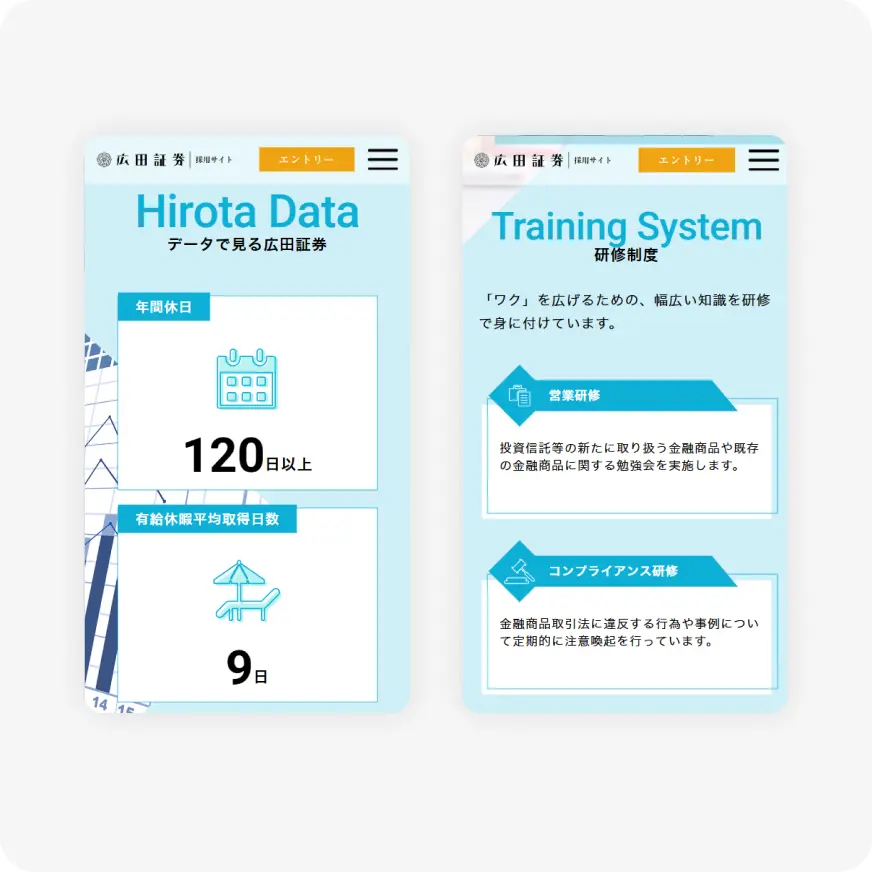 Two slim blue-tinted panels showing a company data and training system layout; left panel lists 120+ days and 9 days with icons, right panel outlines training programs in two sections.