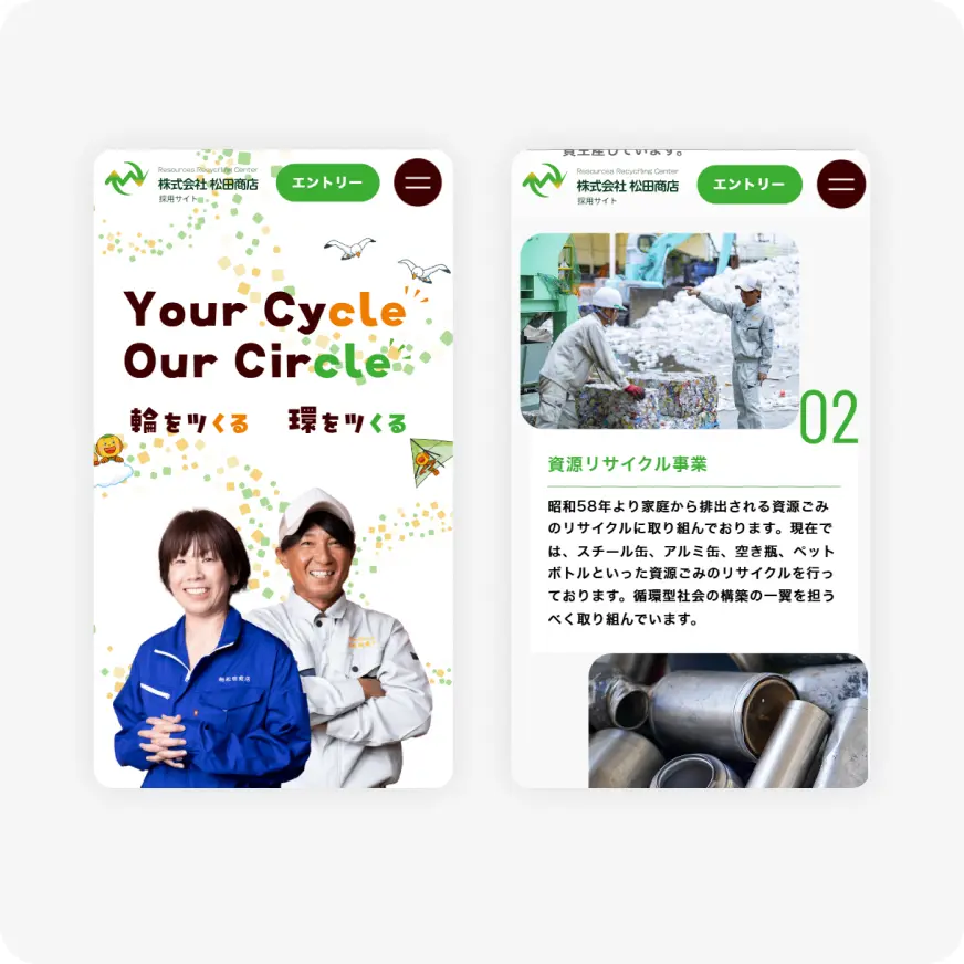 Two smartphone screens showing a recycling center website: left screen with 'Your Cycle Our Circle' banner and workers; right screen with a recycling project article and photos.