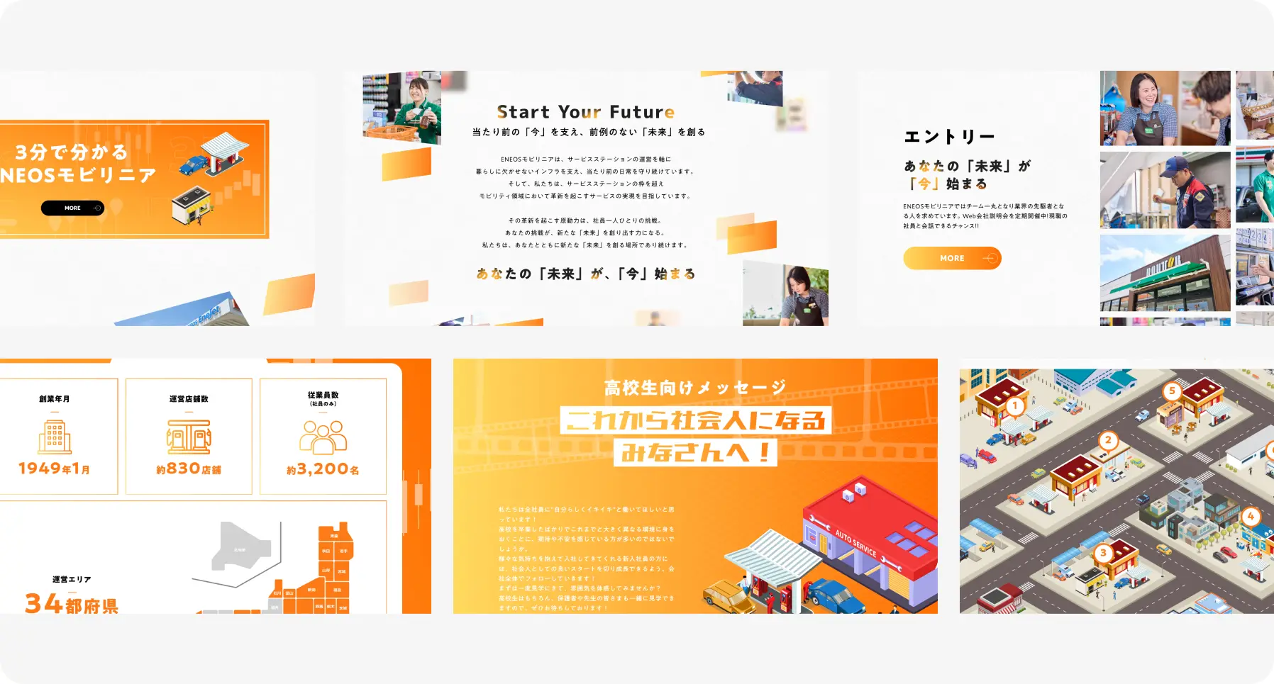 Collage of orange-themed web banners and illustrations showing a 'Start Your Future' program with photos of people in service roles and abstract shapes.