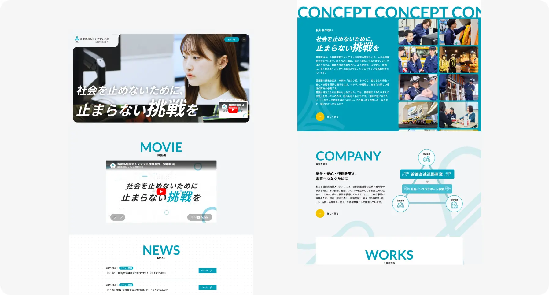 Overview of a corporate homepage layout with a hero image of a woman at a computer on the left and a blue concept panel on the right, plus sections labeled MOVIE, COMPANY, NEWS, and WORKS.