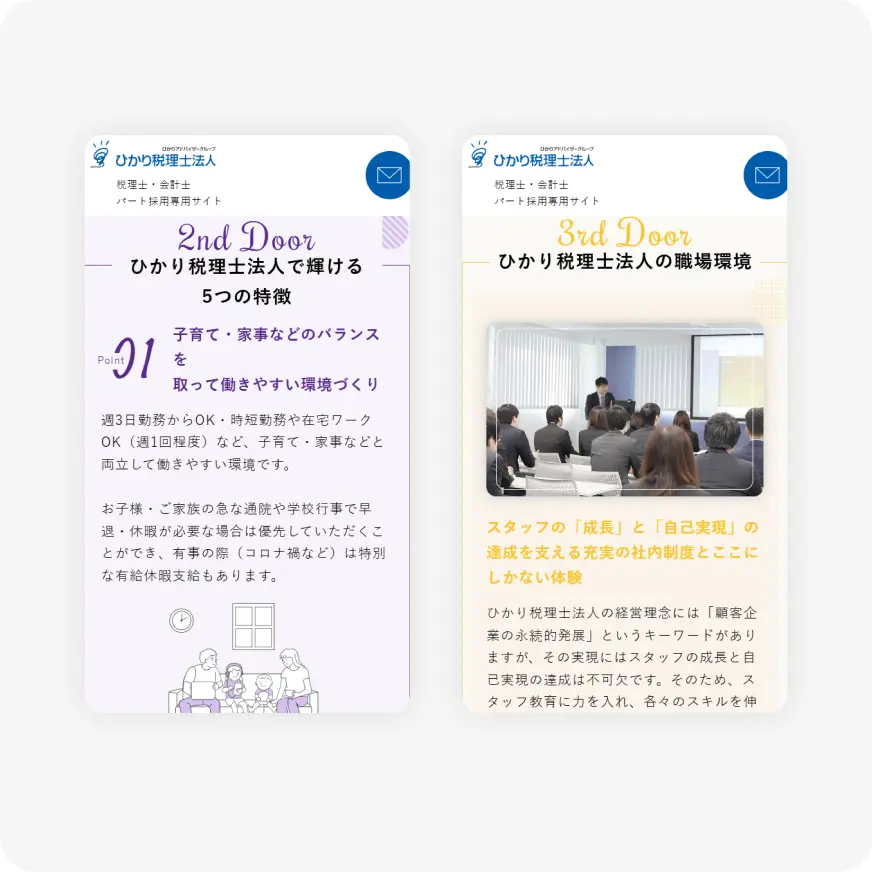 Two vertical cards showcasing informational panels for Hikari Tax Corporation's 2nd and 3rd Door programs, with Japanese text and small illustrations.