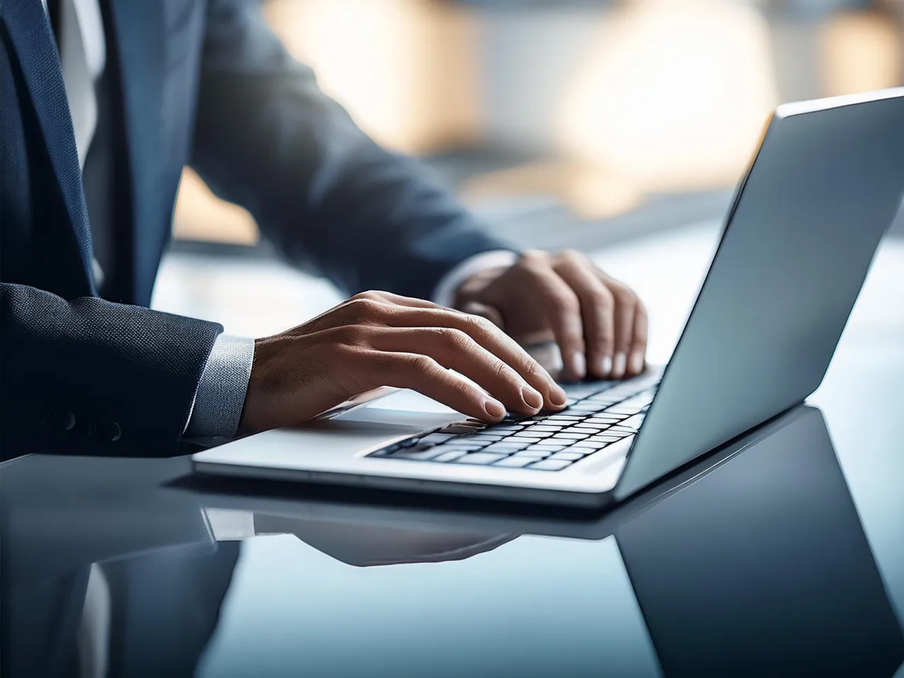 Hands in a dark suit typing on a slim laptop at a glass desk in a modern office setting.