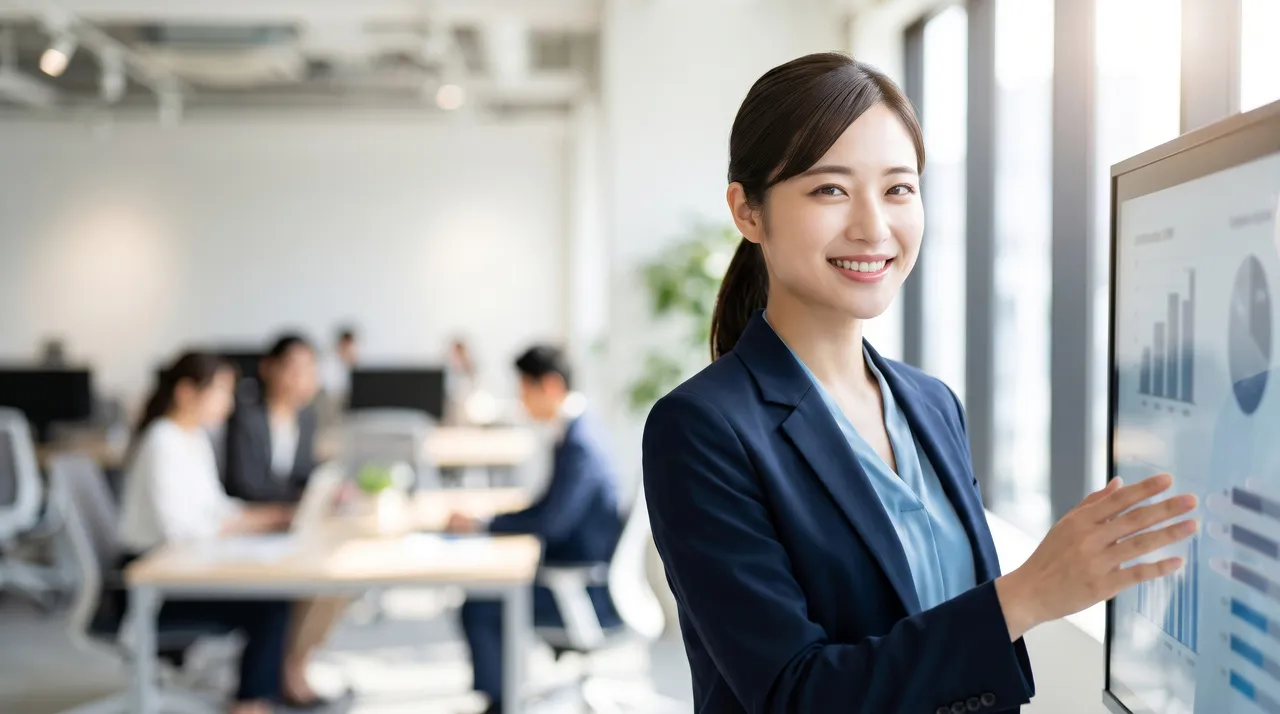 Smiling woman in a navy blazer presents data on a large touchscreen in a bright office environment.