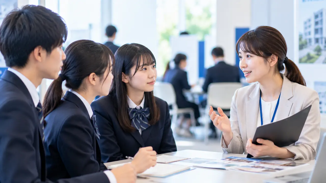 Group of students in suits talking with a woman interviewer holding a folder in a bright office setting.
