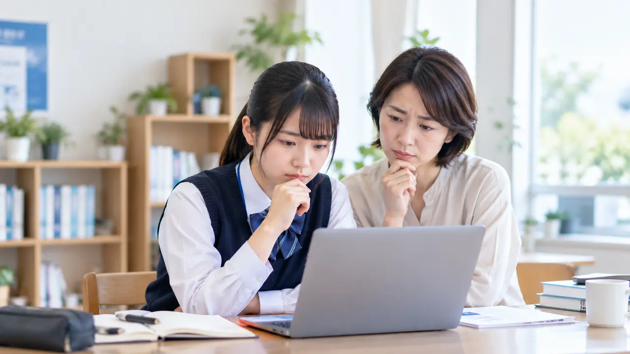 Two women lean over a laptop, focused on the screen in a bright office or library setting, sharing ideas.