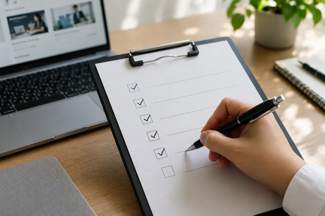 Close-up of a hand writing on a checklist attached to a clipboard on a wooden desk, with a laptop and a plant in the background.