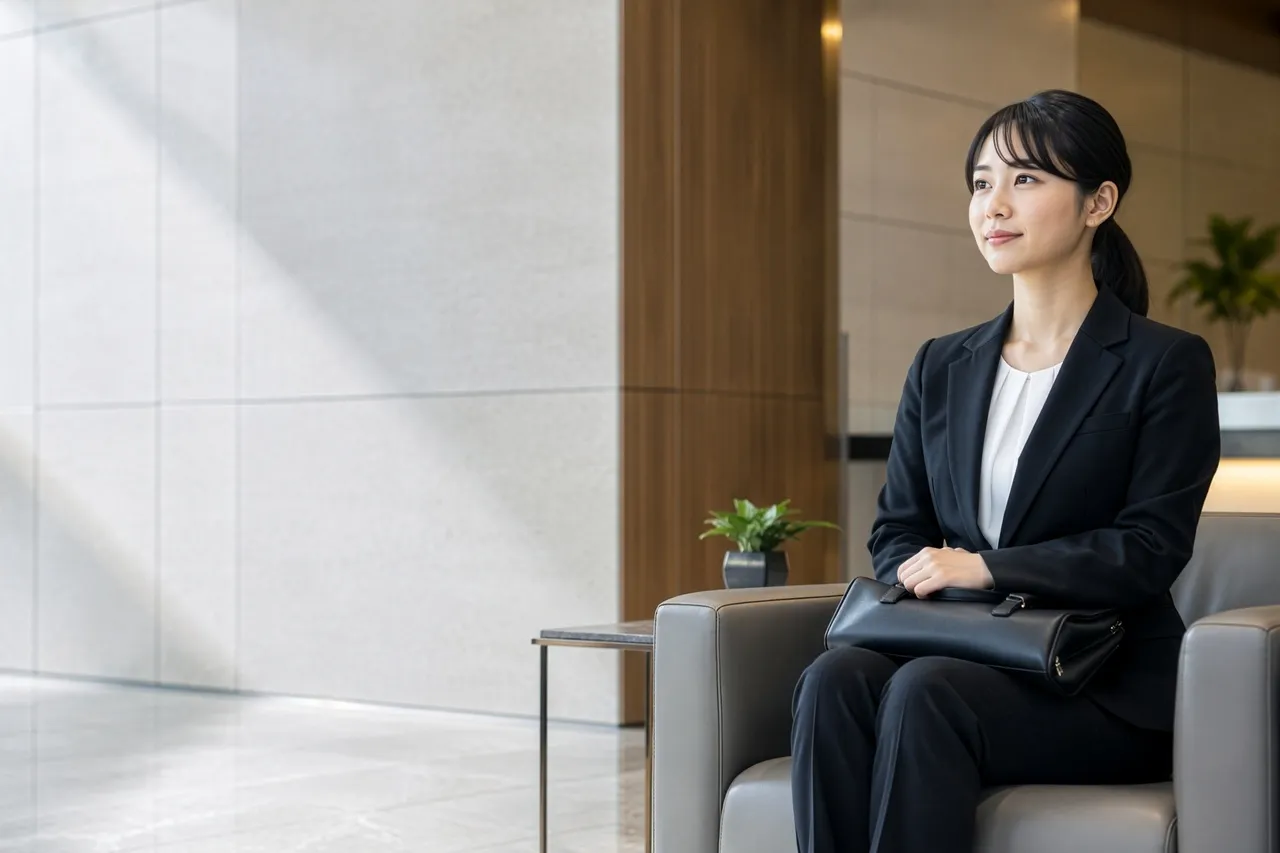 Professional woman in a dark suit sits on a modern lobby sofa, hands resting on a black portfolio.